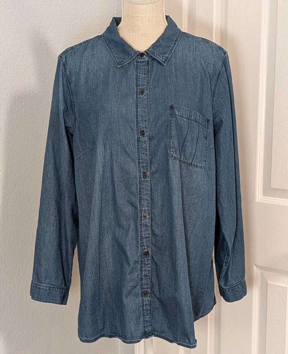 J. Jill Denim Blue Cotton Button Down Shirt Womens 2X Long Sleeve Chambray Top